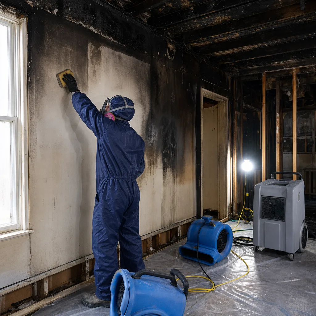 Technician in protective suit cleaning soot during fire damage restoration