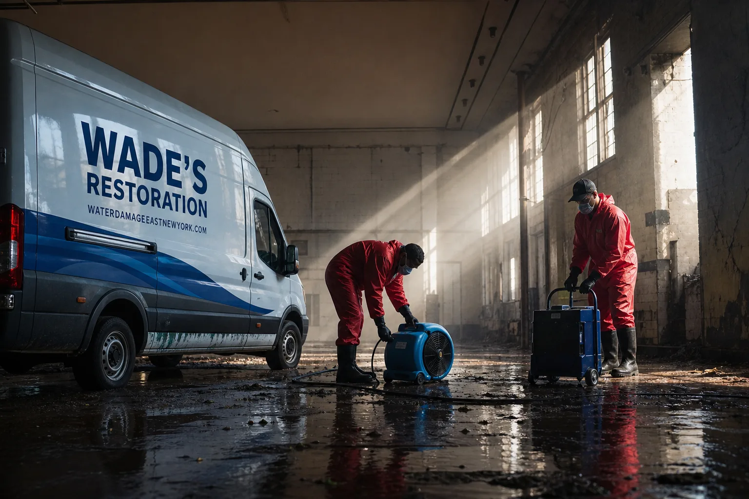 Wade's Restoration damage restoration service vehicle and crew in East New York, NY